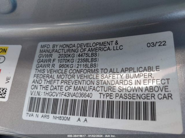 1HGCV1F43NA036640 Honda Accord Sport Special Edition