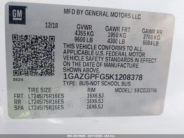 Chevrolet Express 3500 Lt 2019 1GAZGPFG5K1208378 Image 9