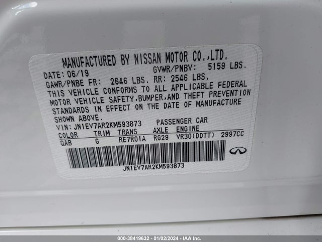 JN1EV7AR2KM593873 Infiniti Q50 3.0t Luxe