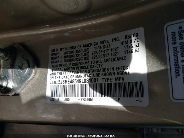 2009 HONDA CR-V EX VIN: 5J6RE48549L031001