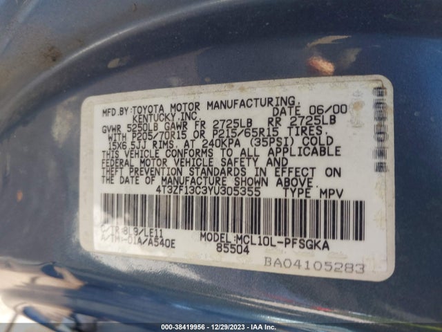 2000 TOYOTA SIENNA XLE VIN: 4T3ZF13C3YU305355