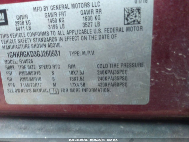 Chevrolet Traverse 1lt 2016 1GNKRGKD3GJ260931 Image 9