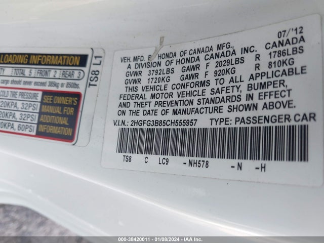 2012 HONDA CIVIC EX VIN: 2HGFG3B85CH555957