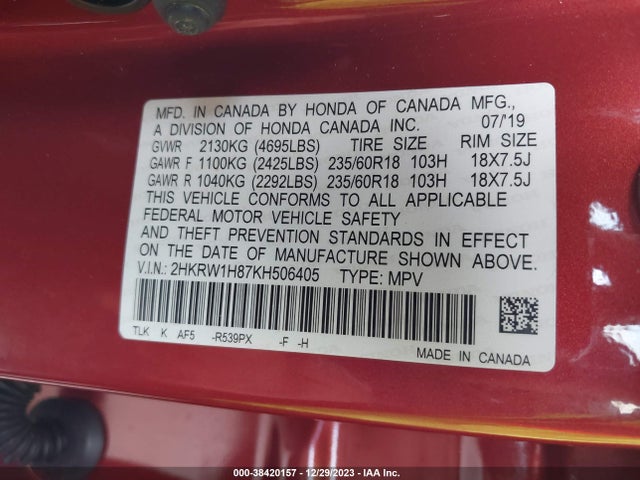 Honda Cr-v Ex-l 2019 2HKRW1H87KH506405 Image 9