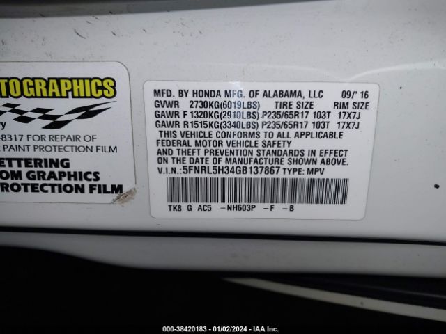 5FNRL5H34GB137867 Honda ODYSSEY SE