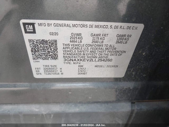 2020 CHEVROLET EQUINOX FWD LT 1.5L TURBO VIN: 3GNAXKEV2LL254260