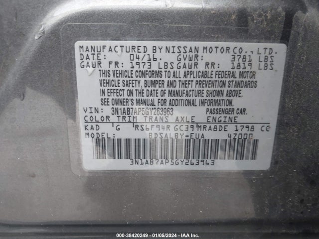 Nissan SENTRA S 2016 3N1AB7AP5GY263963 Image 9