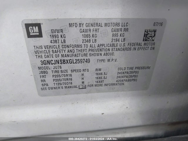 Chevrolet Trax 1ls 2016 3GNCJNSBXGL259749 Image 9