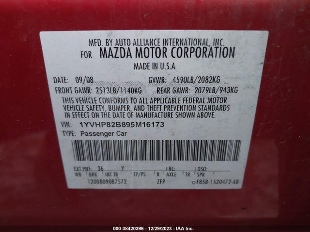2009 MAZDA MAZDA6 S GRAND TOURING VIN: 1YVHP82B895M16173