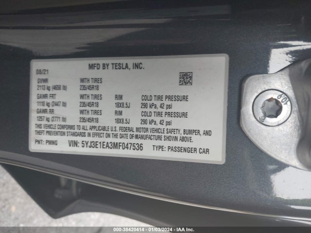 2021 TESLA MODEL 3 5YJ3E1EA3MF047536 Photo 8