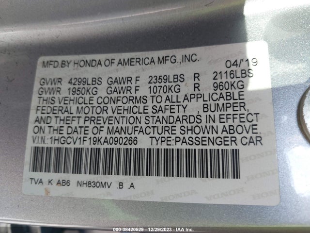 Honda ACCORD LX 2019 1HGCV1F19KA090266 Image 9