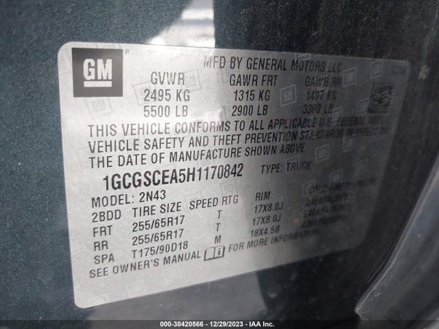 2017 CHEVROLET COLORADO LT VIN: 1GCGSCEA5H1170842