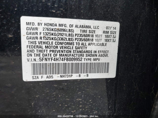 Honda Pilot Ex-l 2015 5FNYF4H74FB009952 Image 9