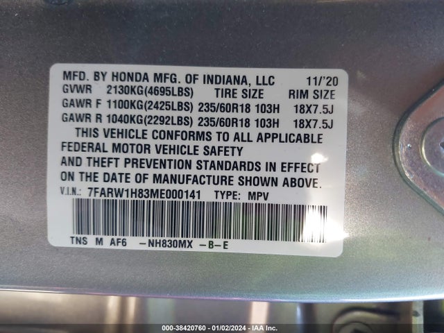 Honda Cr-v 2wd Ex-l 2021 7FARW1H83ME000141 Image 9