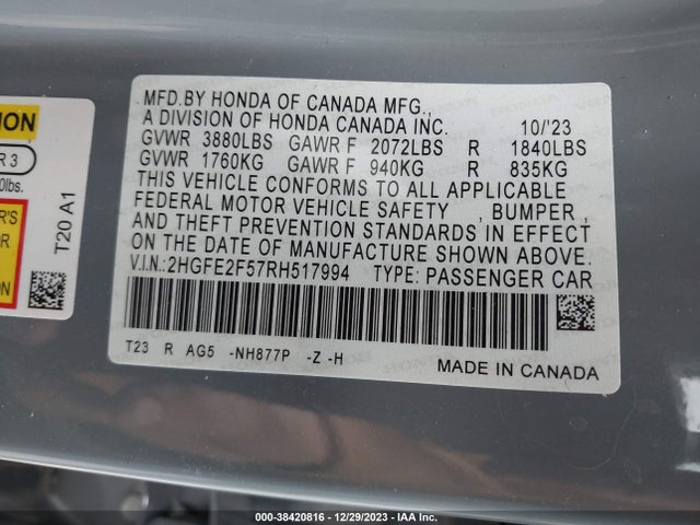 Honda Civic Sport 2024 2HGFE2F57RH517994 Image 9
