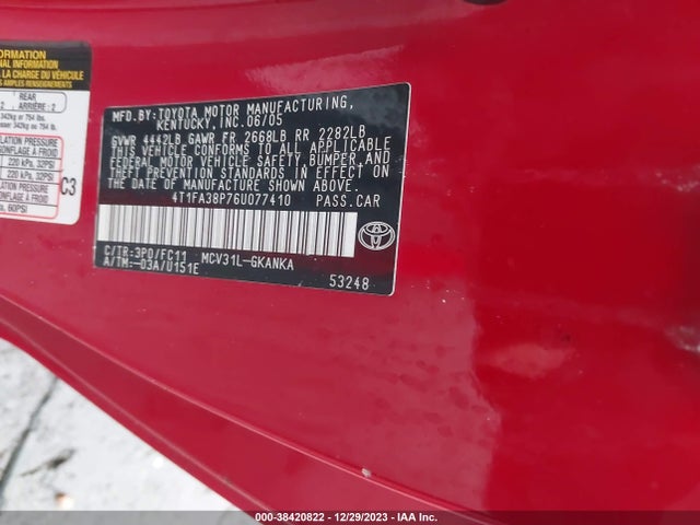 2006 TOYOTA CAMRY SOLARA SE VIN: 4T1FA38P76U077410