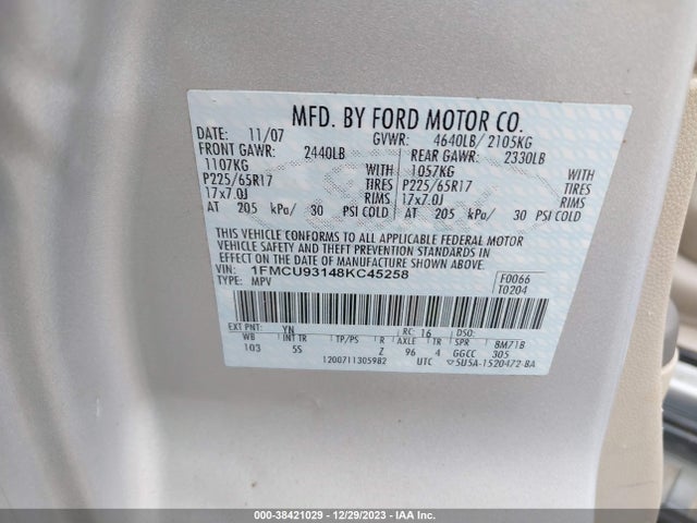 2008 FORD ESCAPE XLT VIN: 1FMCU93148KC45258