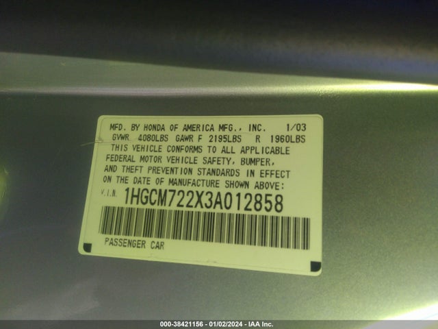 2003 HONDA ACCORD 2.4 LX VIN: 1HGCM722X3A012858