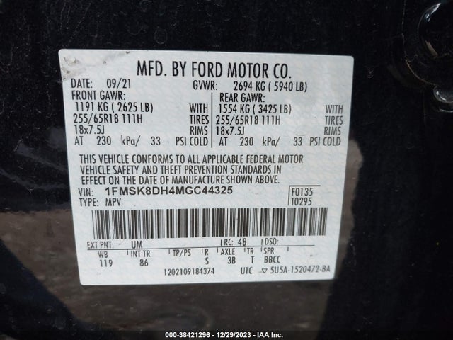 Ford EXPLORER XLT 2021 1FMSK8DH4MGC44325 Image 9
