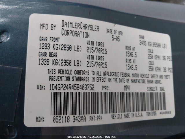 2005 DODGE GRAND CARAVAN SE VIN: 1D4GP24R45B403752
