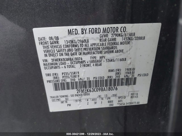 2009 FORD FLEX LIMITED VIN: 2FMEK63C09BA18076
