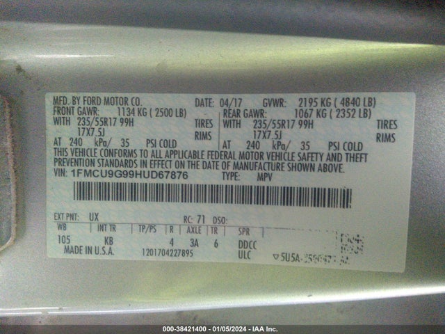 2017 FORD ESCAPE SE VIN: 1FMCU9G99HUD67876