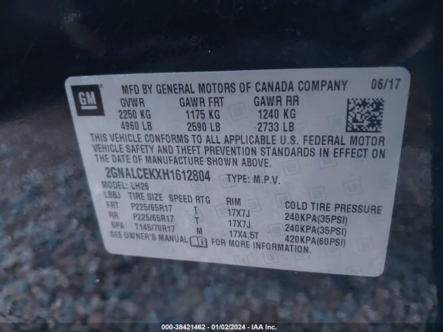 2017 CHEVROLET EQUINOX LT VIN: 2GNALCEKXH1612804