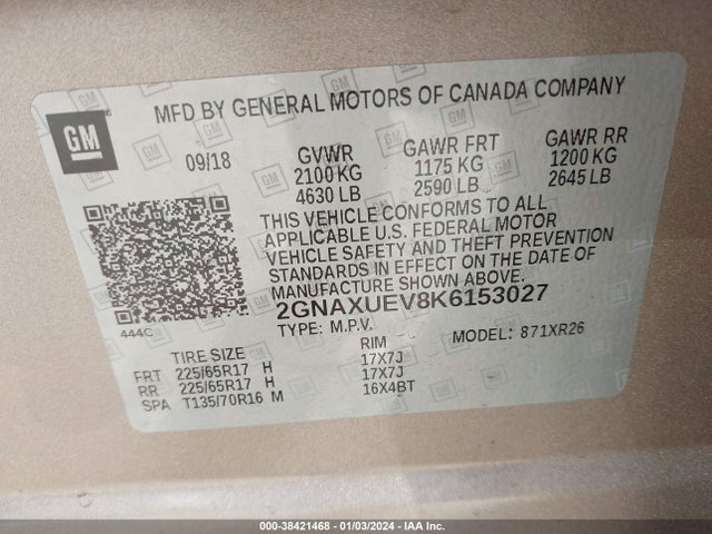 Chevrolet EQUINOX LT 2019 2GNAXUEV8K6153027 Image 9