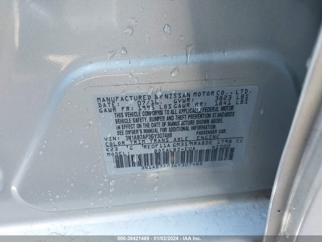 2016 NISSAN SENTRA S VIN: 3N1AB7AP3GY307488