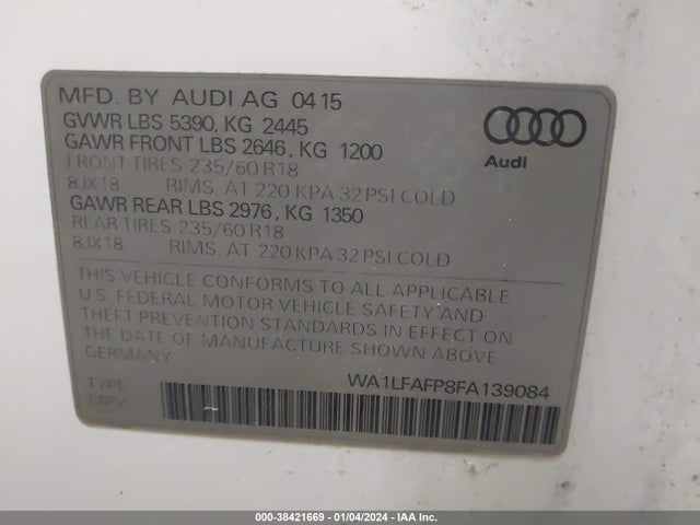 2015 AUDI Q5 2.0T PREMIUM VIN: WA1LFAFP8FA139084