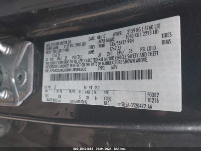 1FMCU9GD8HUE89505 Ford ESCAPE SE