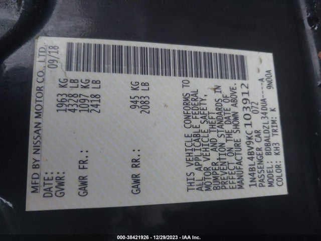 Nissan Altima 2.5 S 2019 1N4BL4BV9KC103912 Image 9