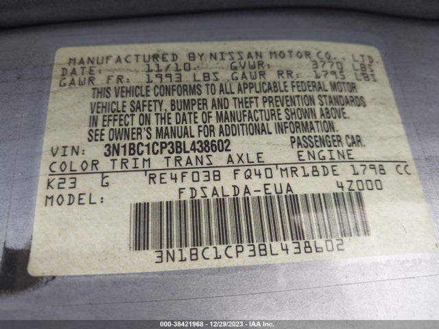 2011 NISSAN VERSA 1.8S VIN: 3N1BC1CP3BL438602
