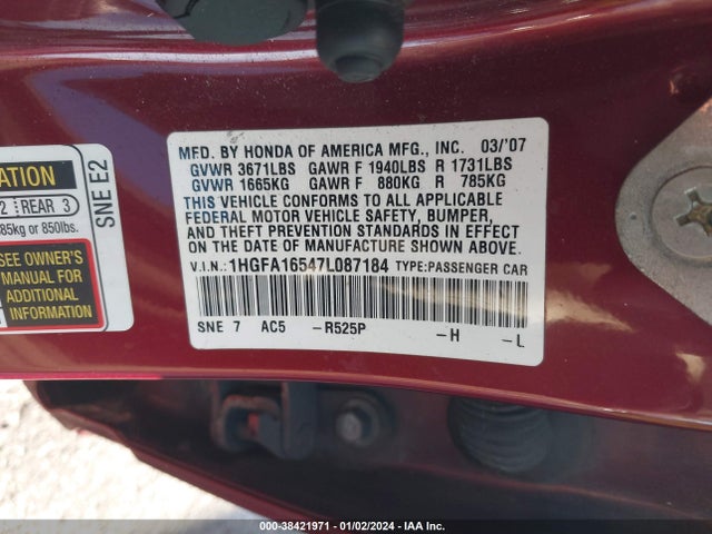 2007 HONDA CIVIC LX VIN: 1HGFA16547L087184