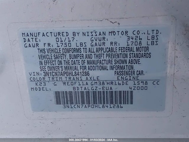 Aukcja sprzedaży 2017 Nissan Versa 1.6 Sl, vin: 3N1CN7AP0HL841286, numer aukcji: 38421994