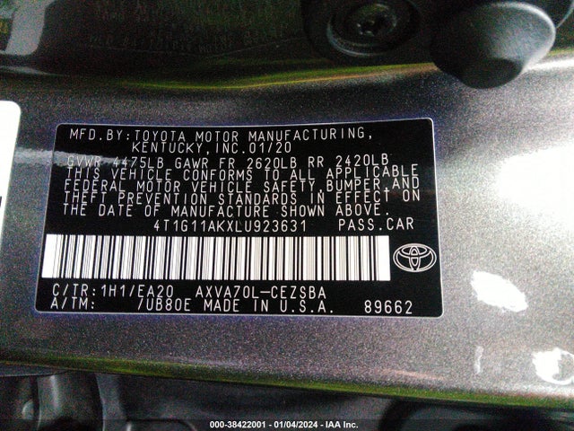 Toyota CAMRY SE 2020 4T1G11AKXLU923631 Image 9