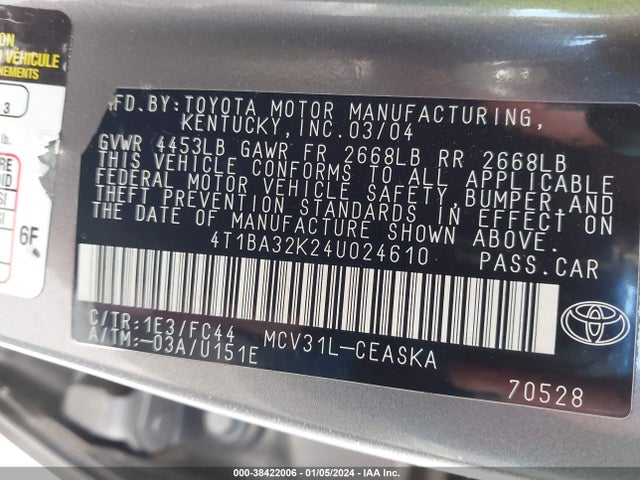 2004 TOYOTA CAMRY SE V6 VIN: 4T1BA32K24U024610