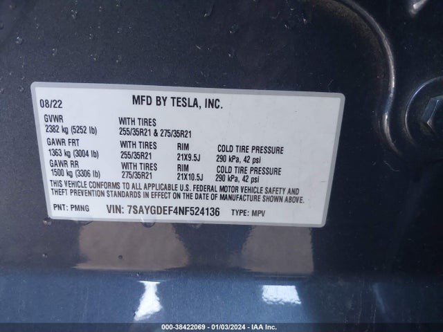 7SAYGDEF4NF524136 Tesla Model Y Performance Dual Motor All-wheel Drive