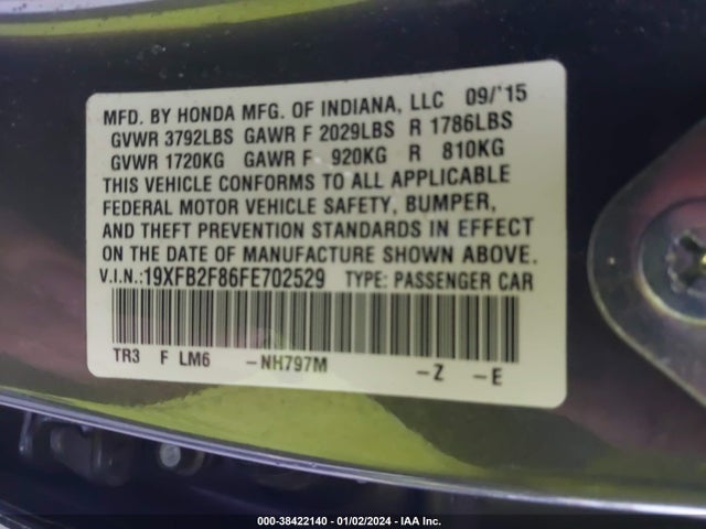 2015 HONDA CIVIC EX VIN: 19XFB2F86FE702529