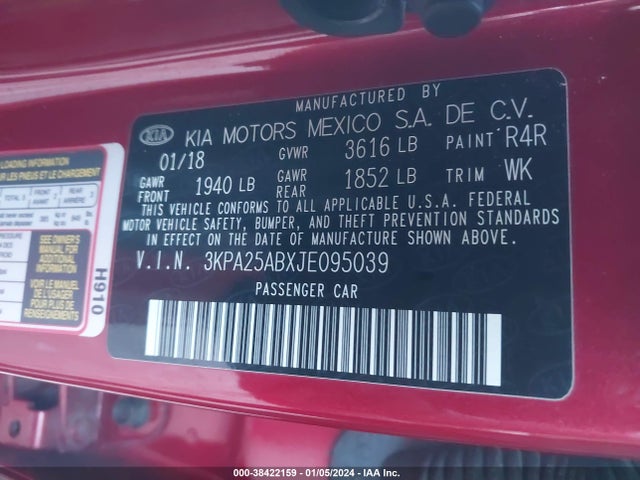 38422159 :رقم المزاد ، 3KPA25ABXJE095039 vin ، 2018 Kia Rio S مزاد بيع