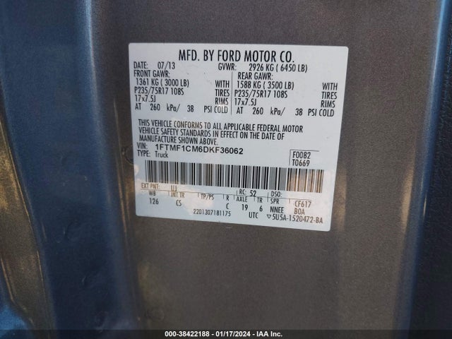 2013 FORD F-150 XL VIN: 1FTMF1CM6DKF36062