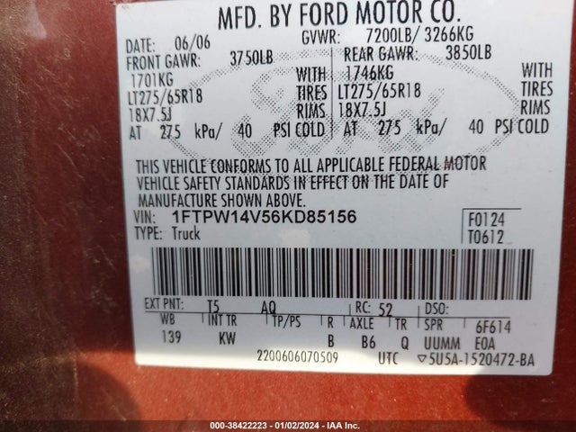 2006 FORD F-150 FX4/LARIAT/XLT VIN: 1FTPW14V56KD85156