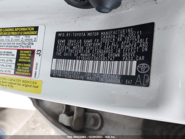 2011 TOYOTA COROLLA LE/S VIN: 2T1BU4EE0BC685747