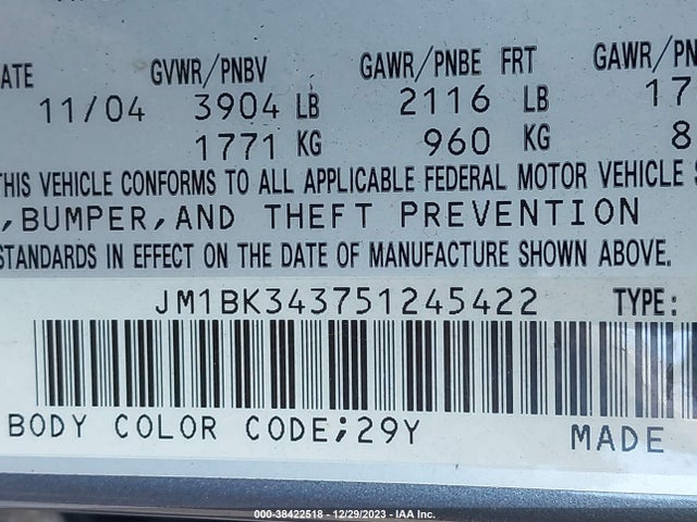 2005 MAZDA MAZDA3 S VIN: JM1BK343751245422
