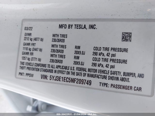 5YJ3E1EC5NF209749 Tesla Model 3 Performance Dual Motor All-wheel Drive