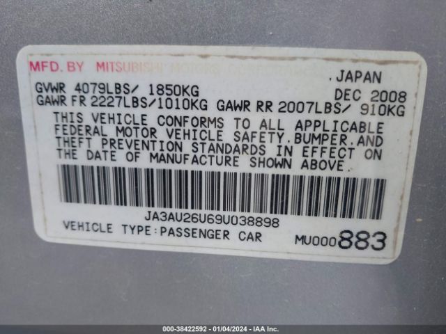 Продажа на аукционе авто 2009 Mitsubishi Lancer Es/es-sport, vin: JA3AU26U69U038898, номер лота: 38422592