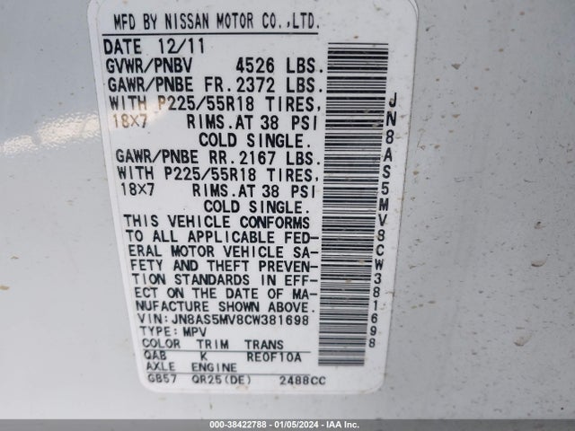 2012 NISSAN ROGUE SV W/SL PKG VIN: JN8AS5MV8CW381698