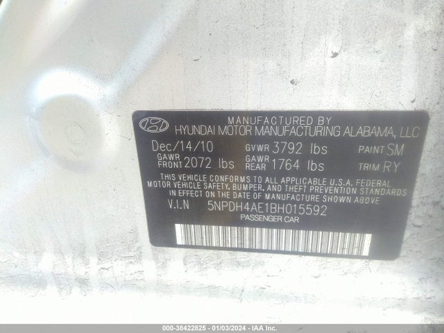 2011 HYUNDAI ELANTRA LIMITED VIN: 5NPDH4AE1BH015592