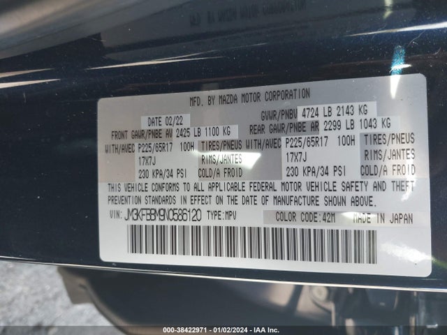 38422971 :رقم المزاد ، JM3KFBBM9N0586120 vin ، 2022 Mazda Cx-5 2.5 S Select مزاد بيع