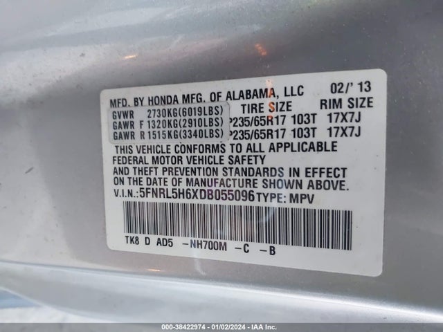 2013 HONDA ODYSSEY EX-L VIN: 5FNRL5H6XDB055096